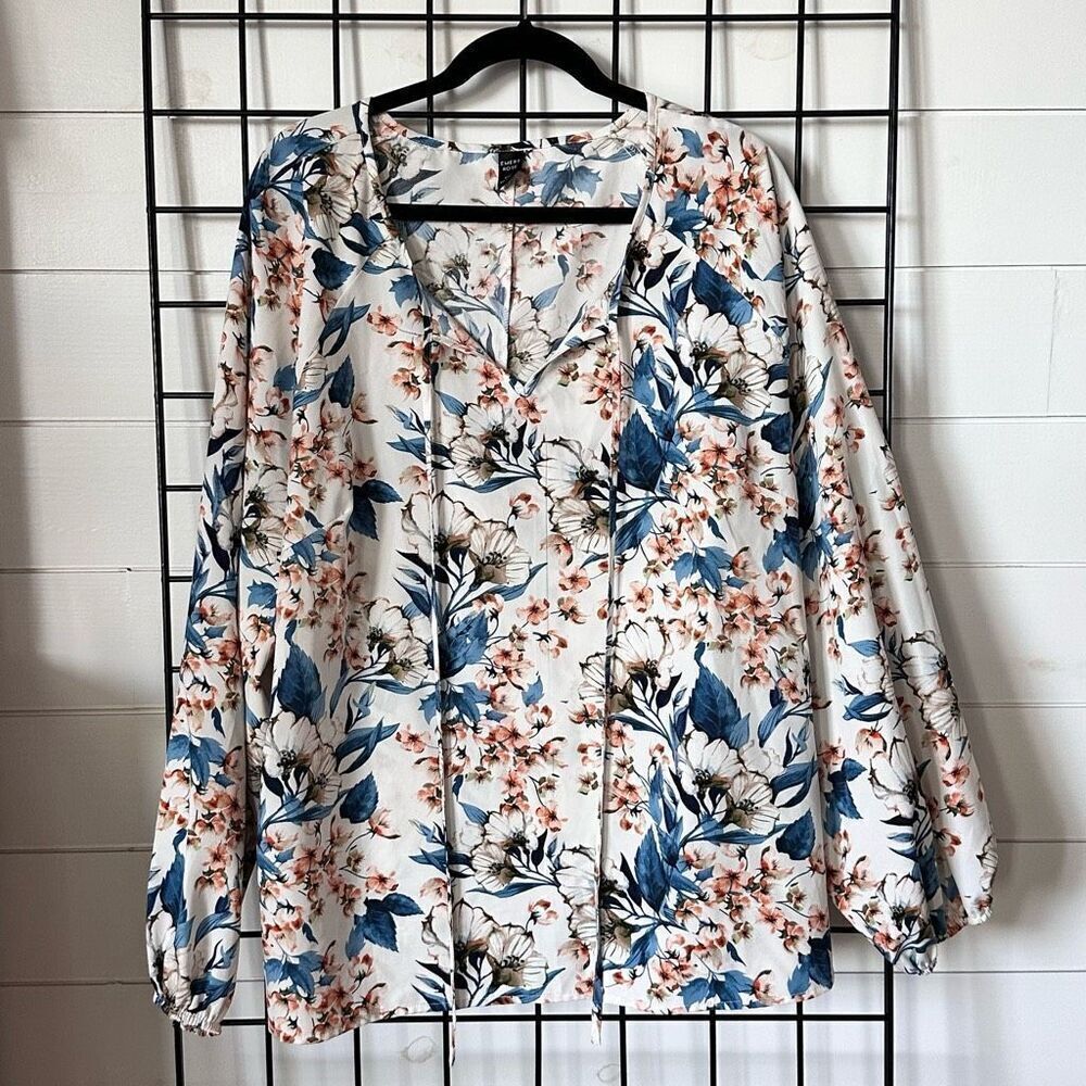 Emery Rose Women’s 5X floral print tie front‎ blouson sleeve shirt Cottagecore